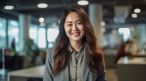 Portrait of happy asian woman smiling standing in modern office space. Generative AI Free Download Portrait of happy asian woman smiling standing in modern office space. Generative AI - GFXLoad