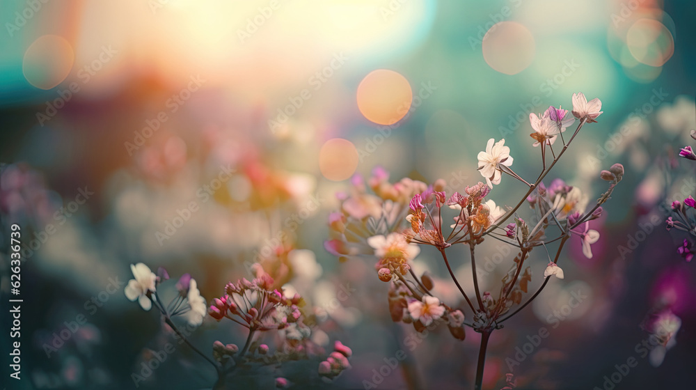 Colorful flowers with bokeh background, retro vintage style.