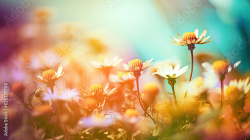 Colorful cosmos flowers blooming in the meadow  vintage style