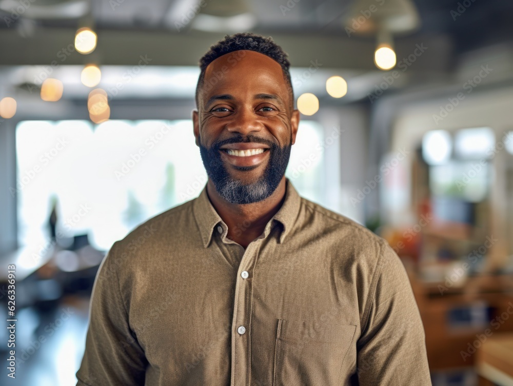 Fototapeta premium Smiling happy afro american man looking at camera. Generative AI