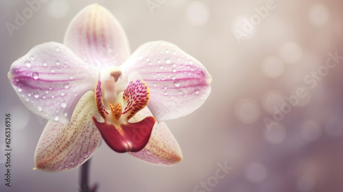 Close up of white orchid flower with bokeh background.