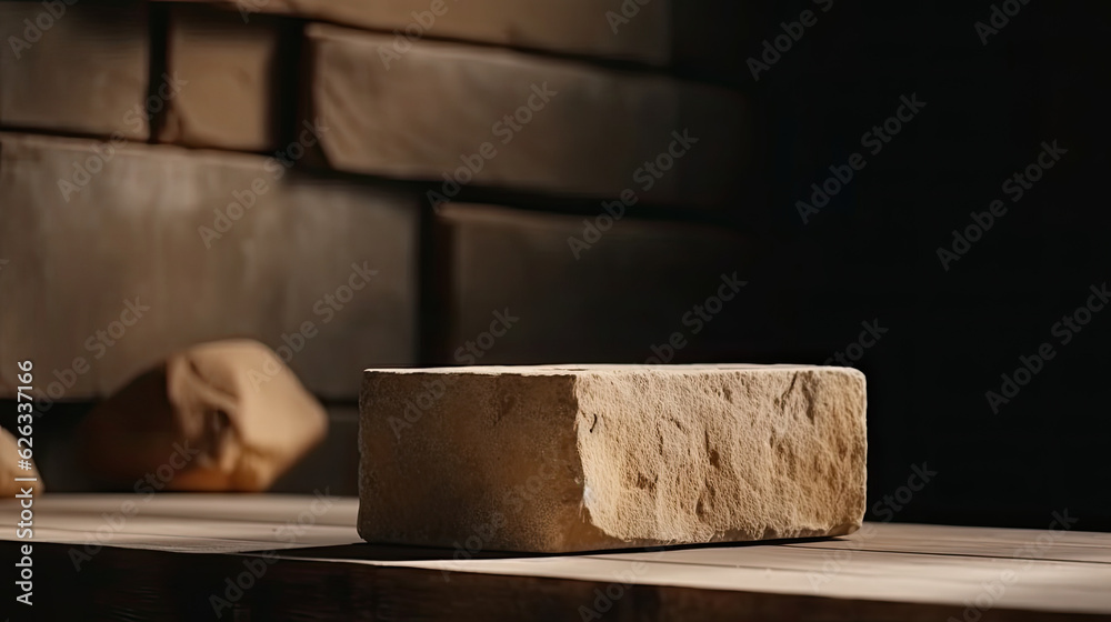 Stone pedestal standing on a wooden shelf