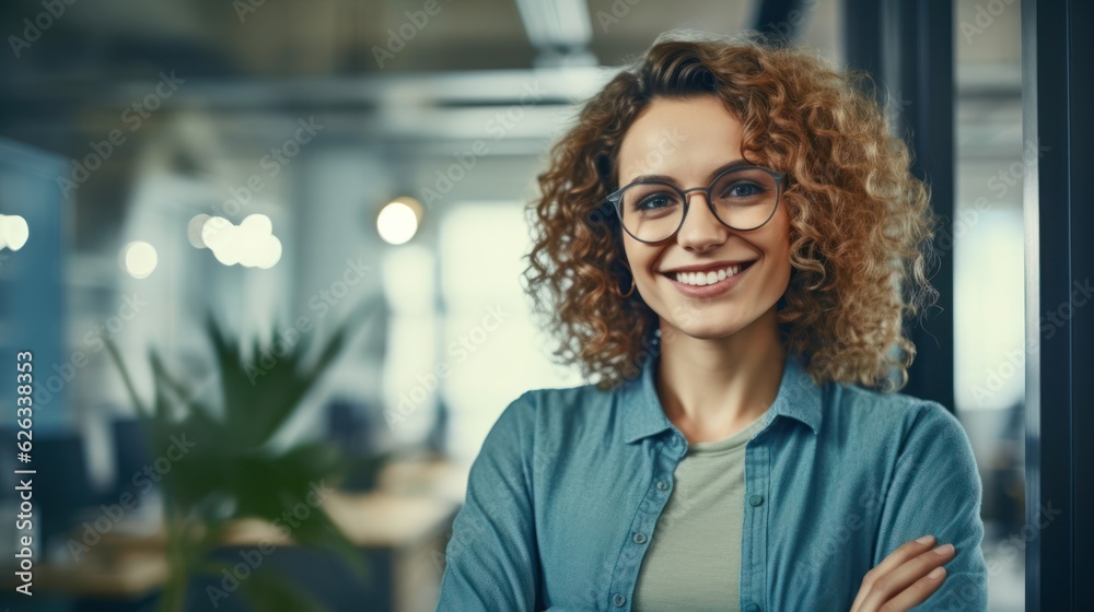 Portrait of happy woman smiling standing in modern office space. Generative AI