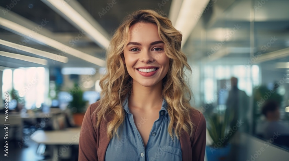 Portrait of happy woman smiling standing in modern office space. Generative AI Portrait of happy woman smiling standing in modern office space. Generative AI