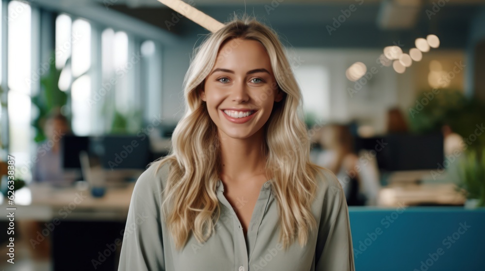 Portrait of happy woman smiling standing in modern office space. Generative AI