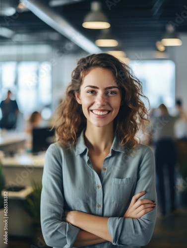 Portrait of happy woman smiling standing in modern office space. Generative AI