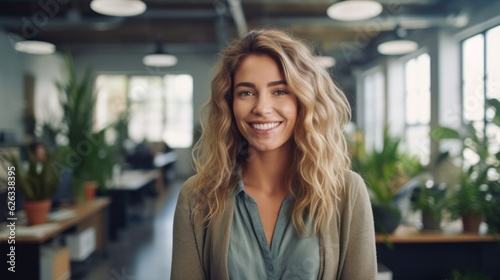 Portrait of happy woman smiling standing in modern office space. Generative AI