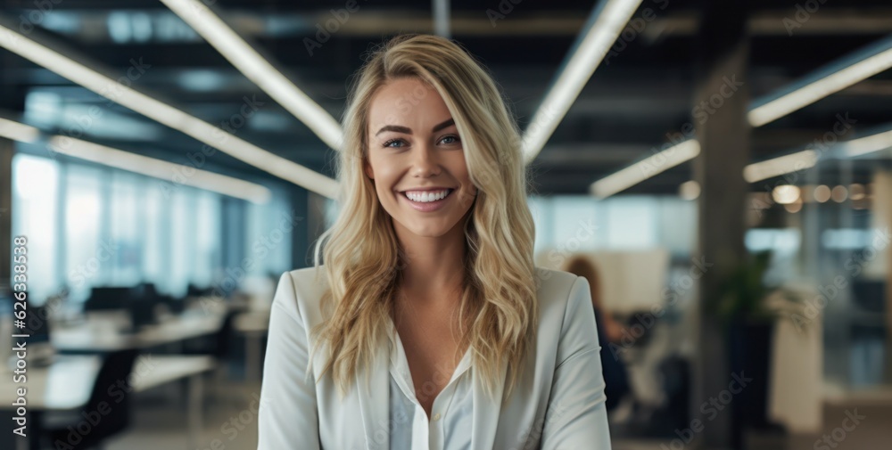 Portrait of happy woman smiling standing in modern office space. Generative AI Portrait of happy woman smiling standing in modern office space. Generative AI