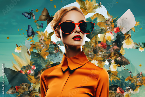 Stylish young woman wearing sunglasses retro style. Fashion poster. Sustainable fashion, collage art with glass morphism effect. 