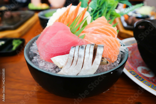 sashimi or raw salmon , Akami and raw tuna or  raw mackerel and kanikama photo