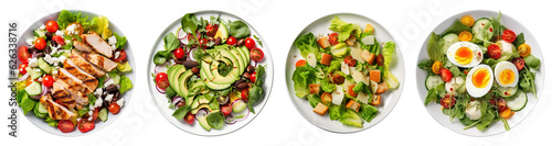Rich plates of salad from green leaves mix and vegetables with avocado or eggs, chicken and shrimps isolated on transparent background photo