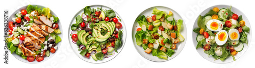 Rich plates of salad from green leaves mix and vegetables with avocado or eggs, chicken and shrimps isolated on transparent background