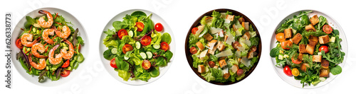 Fotografija Rich plates of salad from green leaves mix and vegetables with avocado or eggs,