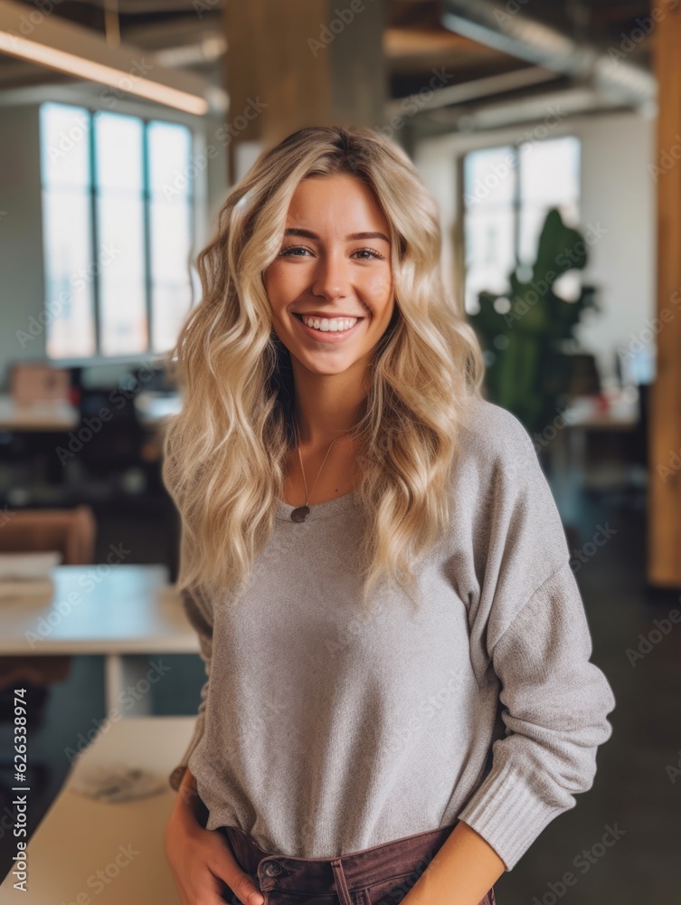 Portrait of happy woman smiling standing in modern office space Portrait of happy woman smiling standing in modern office space