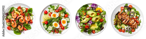 Tela Rich plates of salad from green leaves mix and vegetables with avocado or eggs,