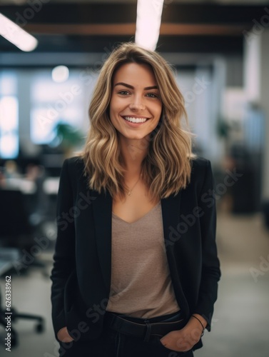 Portrait of happy woman smiling standing in modern office space Free Download Portrait of happy woman smiling standing in modern office space - GFXLoad