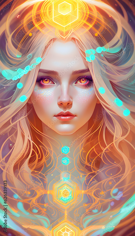 Fototapeta premium analog style, head and shoulders portrait of female mage, attractive, model photoshoot, glowing and swirling aura, flowing robes, detailed face, random colours, hexagons. Generative AI