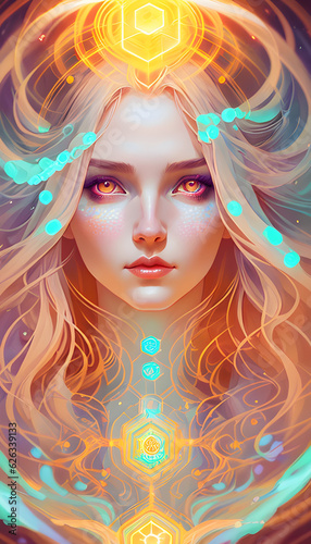 analog style, head and shoulders portrait of female mage, attractive, model photoshoot, glowing and swirling aura, flowing robes, detailed face, random colours, hexagons. Generative AI