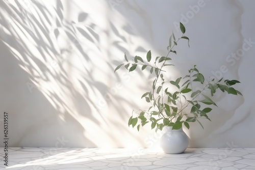 Minimalistic background with green plant in white vase against a white wall