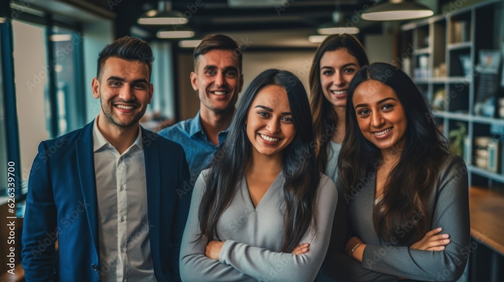 Portrait of laughing bussines team standing in office room. Generative AI