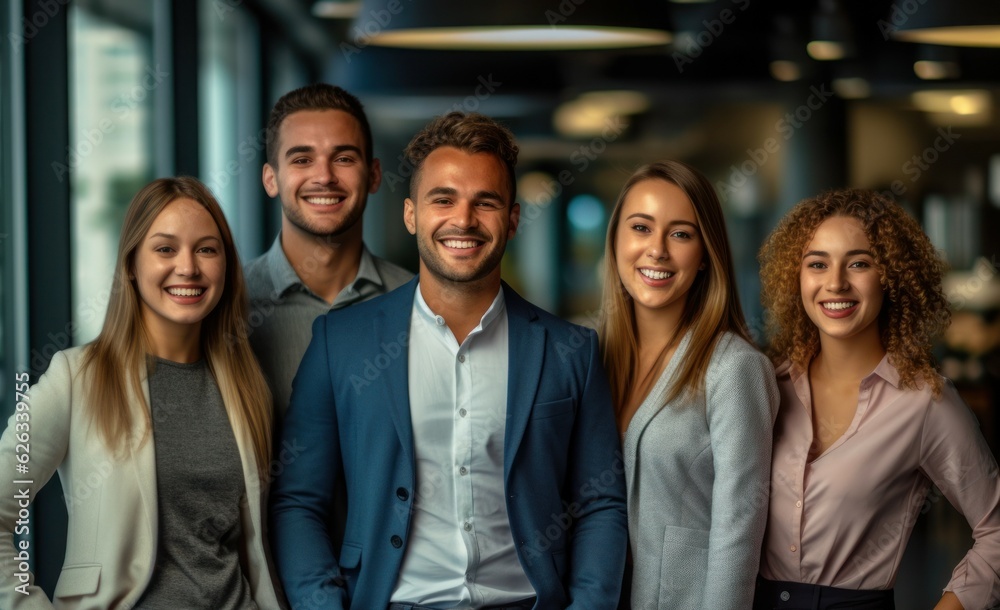 Portrait of laughing bussines team standing in office room. Generative AI Portrait of laughing bussines team standing in office room. Generative AI