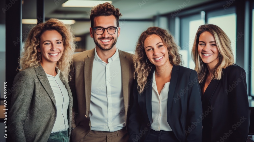 Portrait of laughing bussines team standing in office room. Generative AI Portrait of laughing bussines team standing in office room. Generative AI