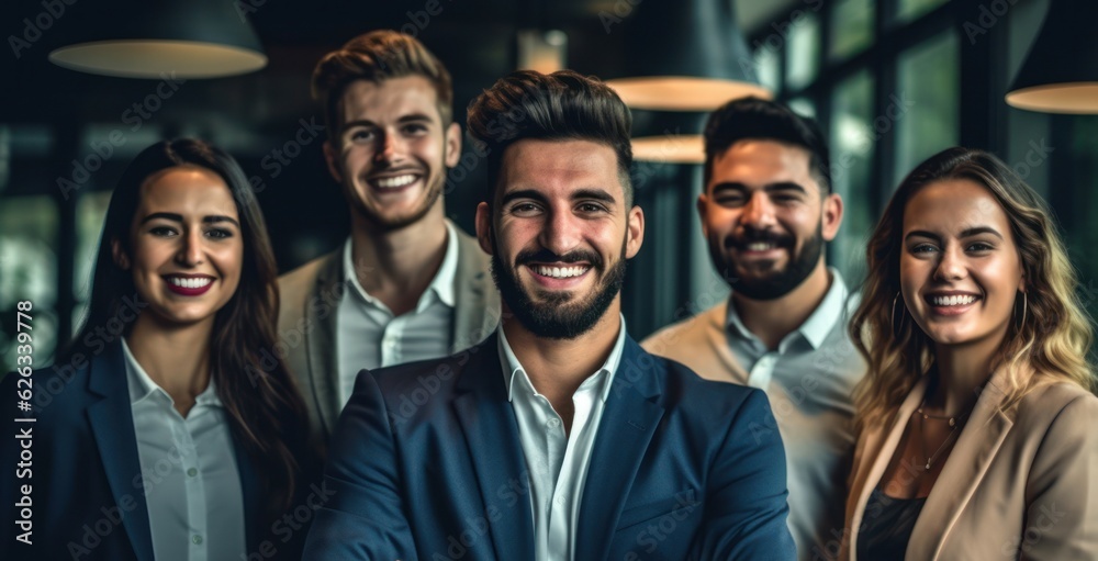Portrait of laughing bussines team standing in office room. Generative AI