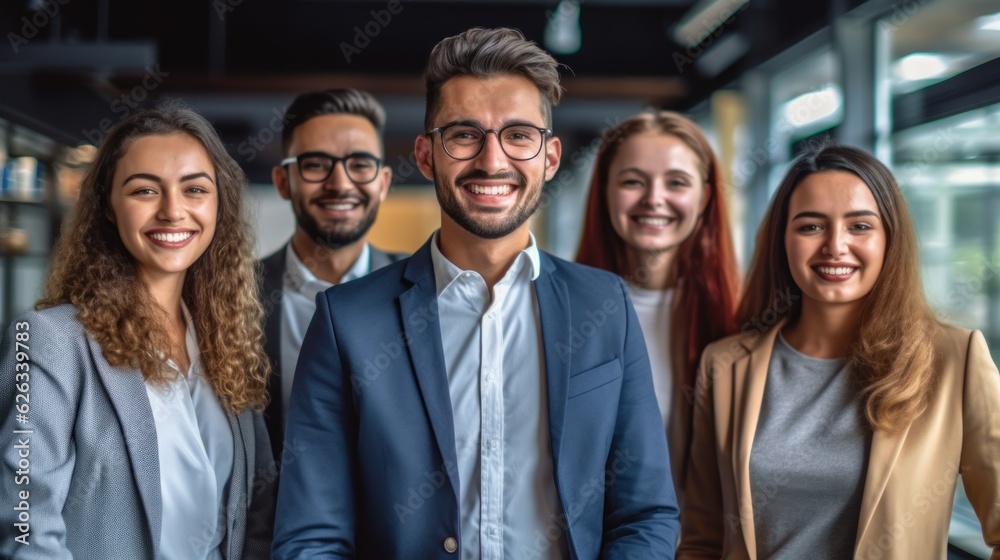 Portrait of laughing bussines team standing in office room. Generative AI Portrait of laughing bussines team standing in office room. Generative AI