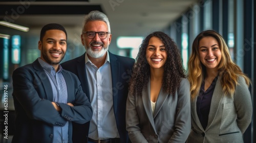 Portrait of laughing bussines team standing in office room. Generative AI