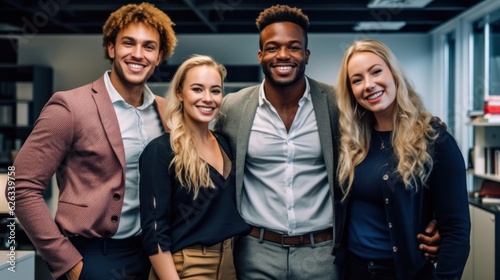 Portrait of laughing bussines team standing in office room. Generative AI