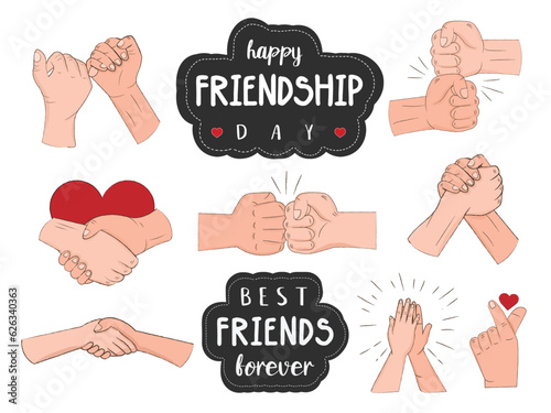 happy friendship day stickers set different hand gestures friendly hand movements friendship friends illustration set
