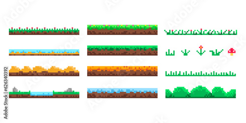 Pixel art game background. A set of pixelated seamless landscape elements with lake, flowers, trees to create various scene in games.  8 bit elements with ground and grass.