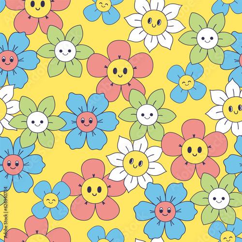 Seamless pattern with bright smiling flowers. Vector graphics.