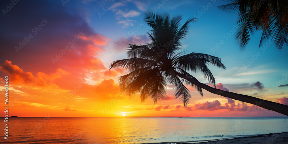 Art Beautiful ,Silhouette of palm trees Beautiful sunset on the tropical sea beach background for travel in holiday relax time