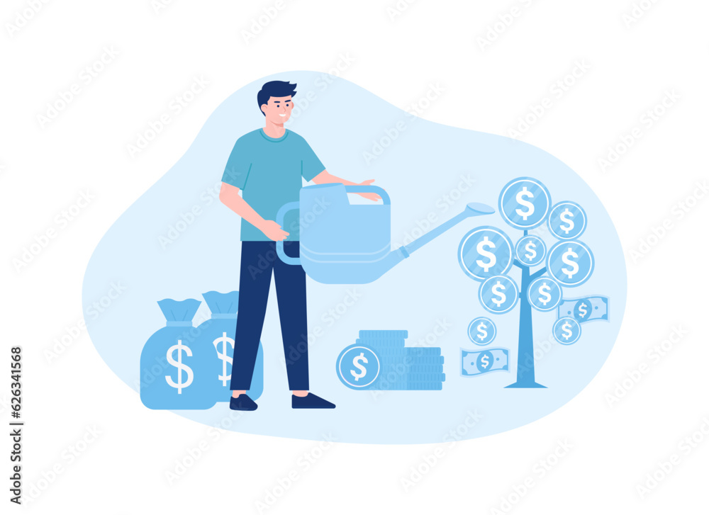 A man watering a coin tree with a bag of money concept flat illustration