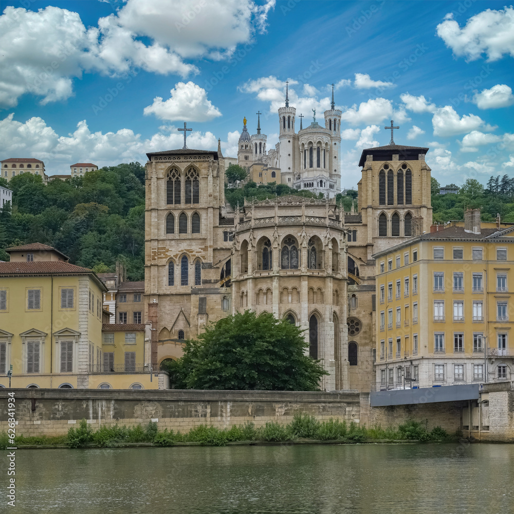 Vieux-Lyon, Saint-Jean-Baptiste cathedral, colorful houses in the center, on the river Saone
