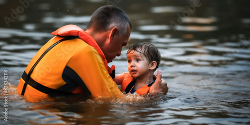 Kind wird von Wasserwacht gerettet KI photo