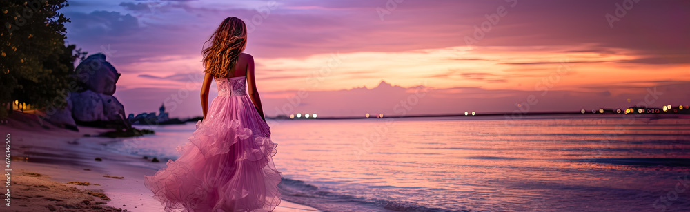 Fototapeta premium A panoramic illustration of a woman walking along a beach at sunset. She's wearing a beautiful flowing pink dress during a summer vacation.