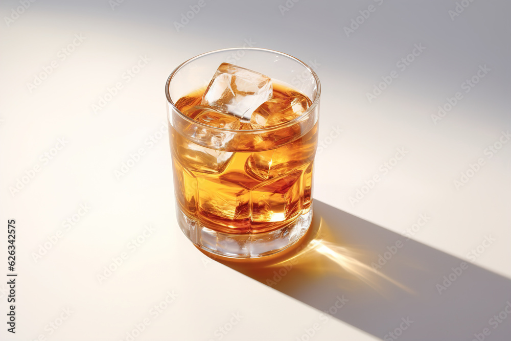 Transparent glass with golden cold beverage and ice cubes Transparent glass with golden cold beverage and ice cubes