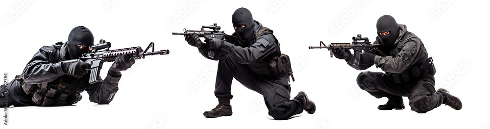 Military soldier kneeling aiming a gun isolated on transparent background Military soldier kneeling aiming a gun isolated on transparent background
