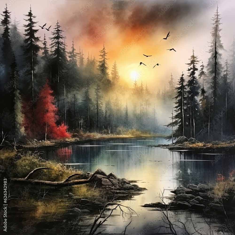 Foggy painting depicts lake, trees, birds, and water. (Generative AI)