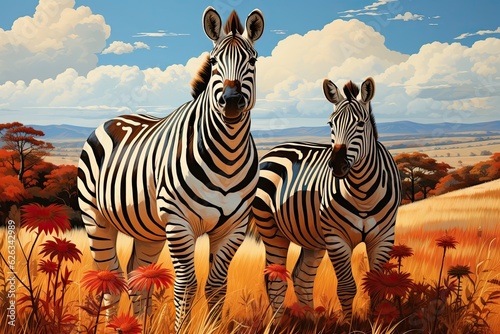 In the field, two zebras stand with background trees. (Generative AI) © HandmadePictures