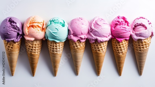 Set of colorful ice cream cones on a white background, generated by AI