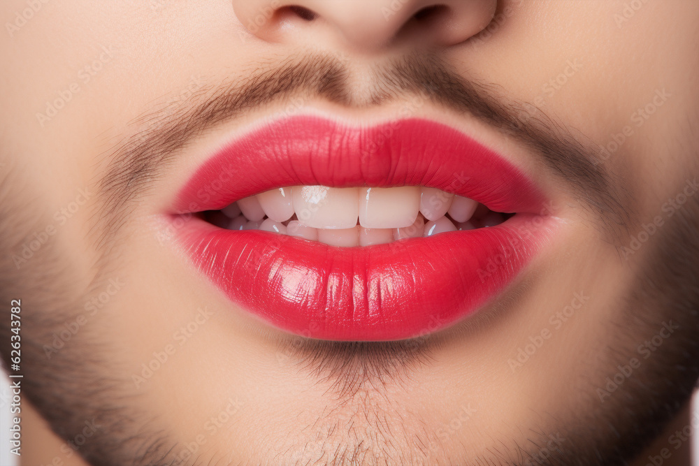 Fototapeta premium Close up of man face with red lipstick and beard