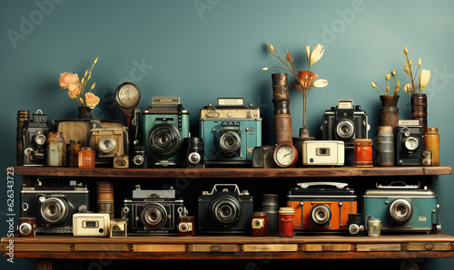 Background with abstract vintage cameras on the shelf.