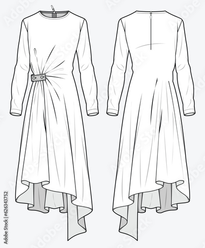 Asymmetrical dress flat drawing vector illustration mockup template