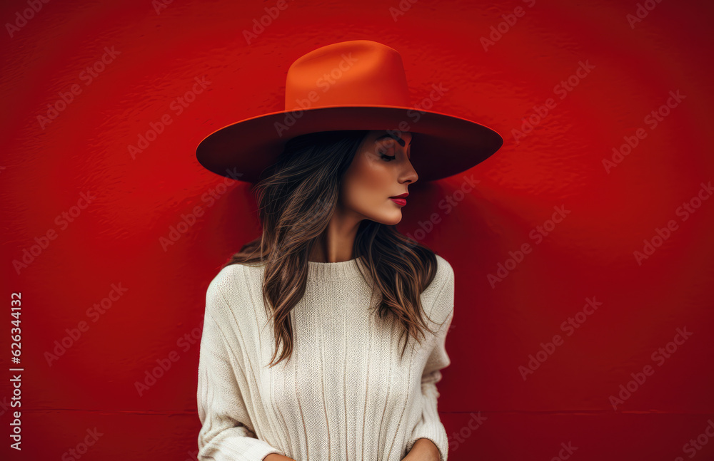 Attractive woman dressed in white with a hat posing in front of a red wall. Generative AI Attractive woman dressed in white with a hat posing in front of a red wall. Generative AI