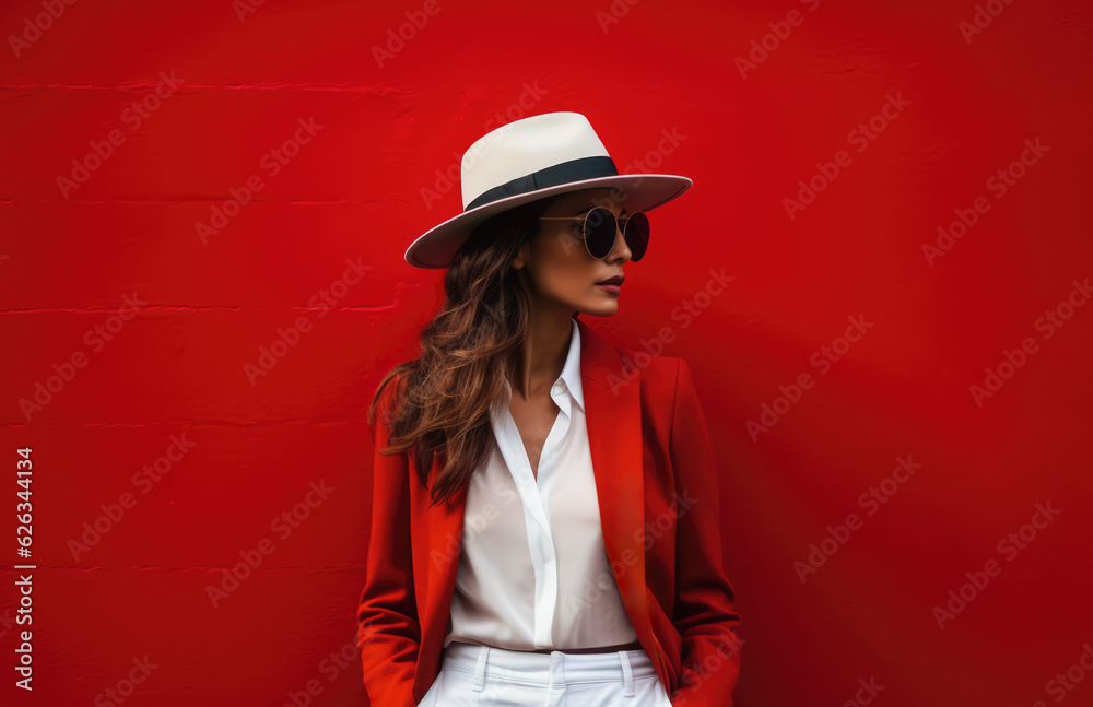 Attractive woman dressed in white with a hat posing in front of a red wall. Generative AI Attractive woman dressed in white with a hat posing in front of a red wall. Generative AI