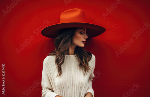 Attractive woman dressed in white with a hat posing in front of a red wall. Generative AI