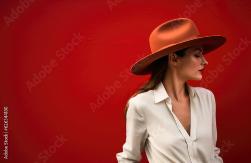Attractive woman dressed in white with a hat posing in front of a red wall. Generative AI